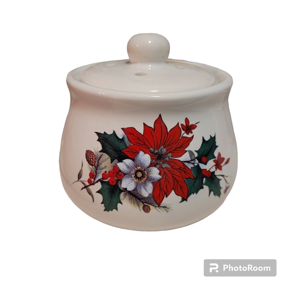 Vintage Ceramic Christmas Potpourri Holder with Poinsettias - Picture 2 of 7